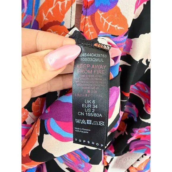Topshop Floral Midi Wrap Dress Long Sleeve Black Pink Orange Belted Size US 2 - Picture 8 of 9